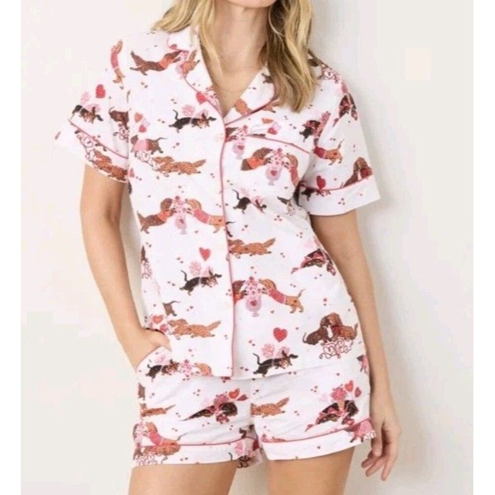 Print Fresh Dachshund Dog Date Shorts Pajama Set Medium Organic Cotton Pink 2 Pc